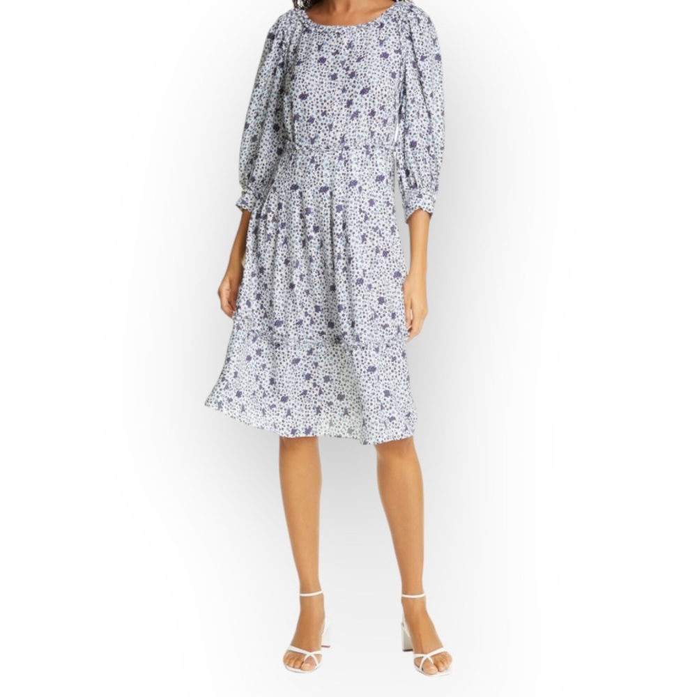 DYVNA Silk Blend Floral Cottagecore Midi Dress Blue Tiered Puff Sleeve Small